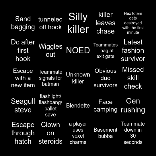 Dead by daylight bingo Card