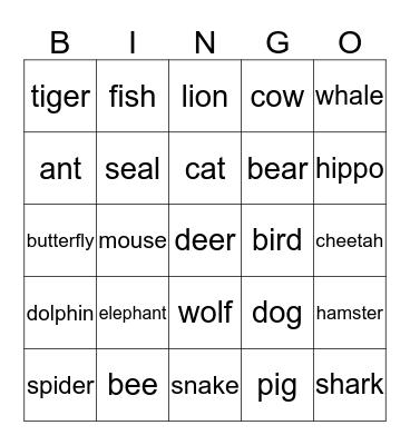 Animal Bingo Card