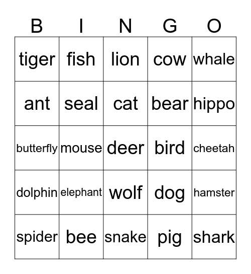 Animal Bingo Card