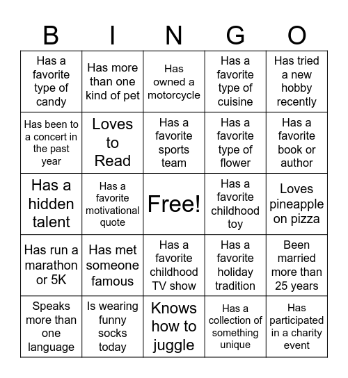 Find Me Bingo Card