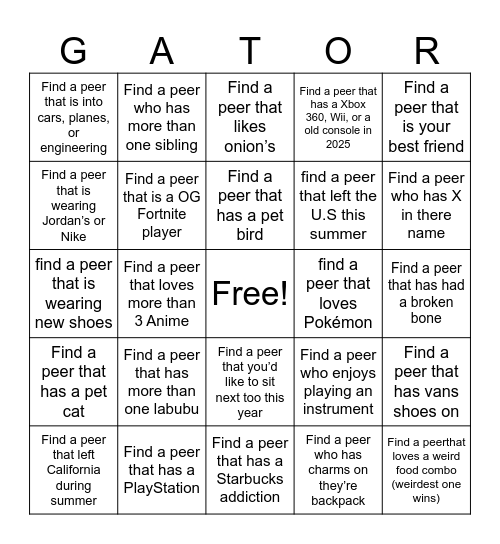 Find A Peer Who! Bingo Card