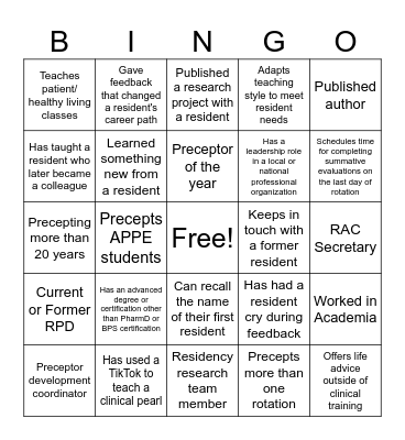Preceptor Bingo Card