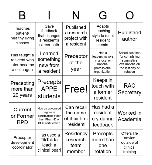 Preceptor Bingo Card