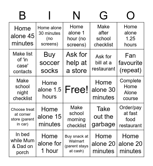 Independence Bingo Card