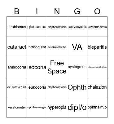 Medical Terminology:   EYE Bingo Card