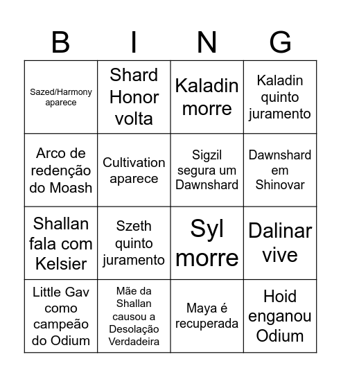 Stormlight 5 Bingo Card