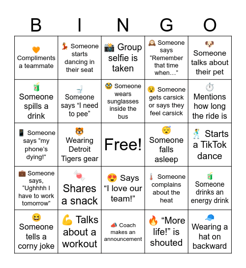 Team Bus Bingo Card