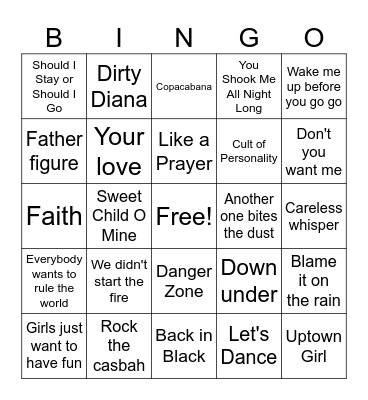Top 80s Bingo Card