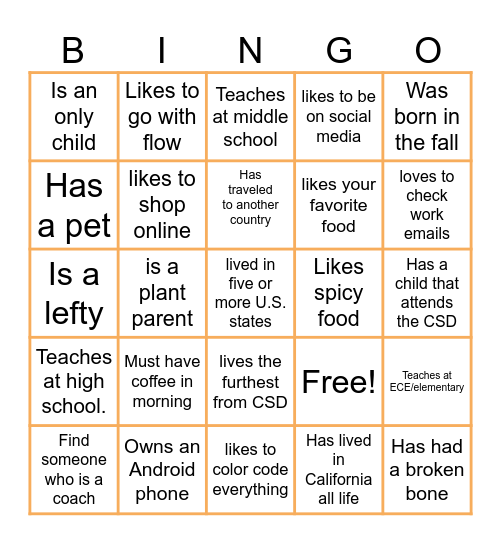 New Teacher Meet Bingo Card