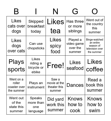 Getting to Know Each Other Bingo Card