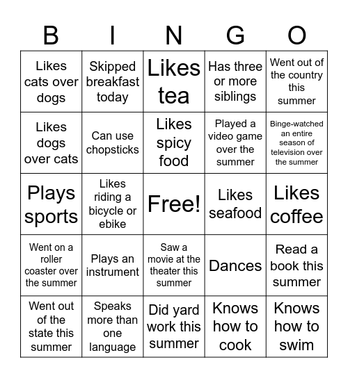 Getting to Know Each Other Bingo Card