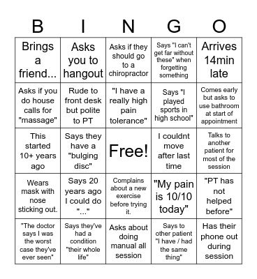 Physical Therapy Bingo Card