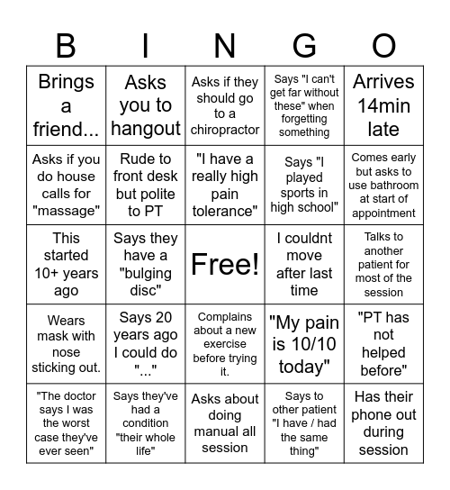Physical Therapy Bingo Card