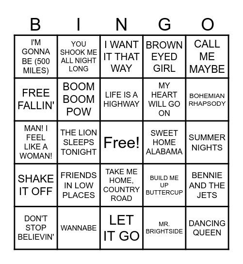 SING-ALONG Bingo Card