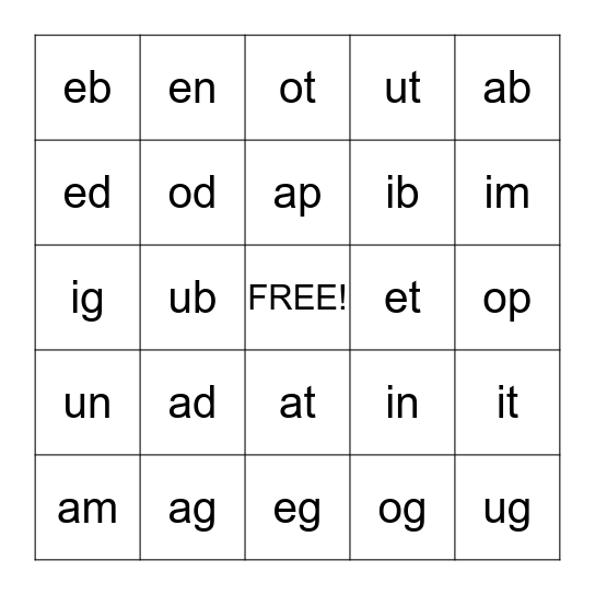 Short Vowel Word Families- Mixed Bingo Card