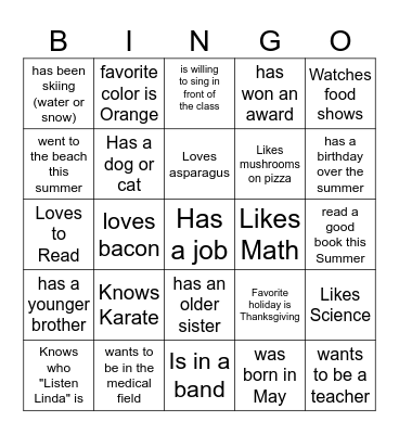 Get to know you Bingo Card