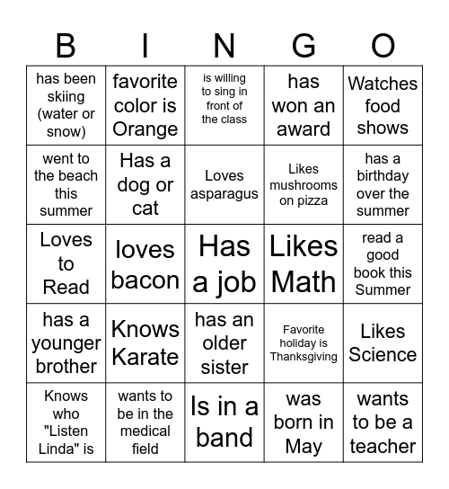 Get to know you Bingo Card