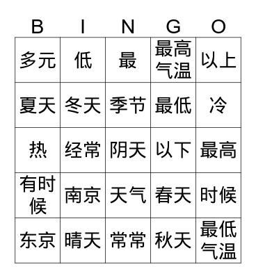 Chinese Bingo Card