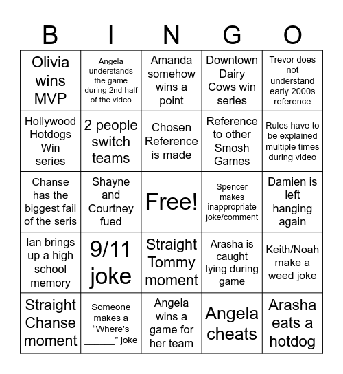 Smosh Summer Games 2025 Bingo Card