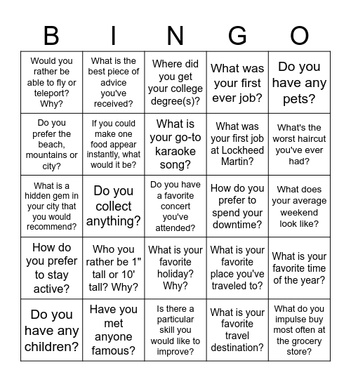Jenga Questions Bingo Card