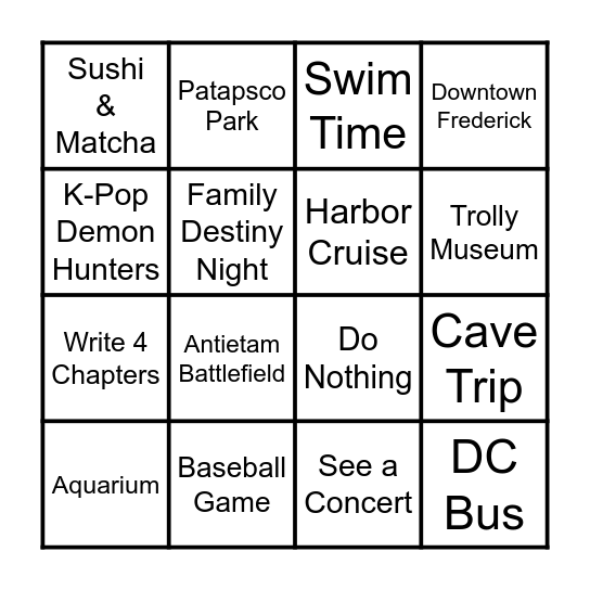 Family Bonding Trips Bingo Card