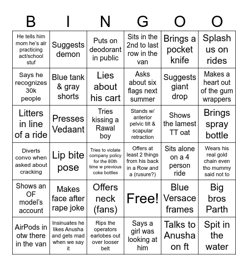 Preet’s Shenanigans Bingo Card