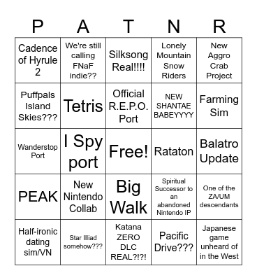 Nintendo Indie Showcase Bingo Card