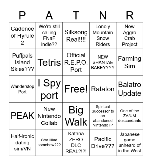 Nintendo Indie Showcase Bingo Card