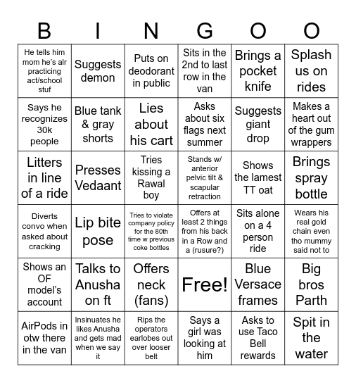 Six Flags Bingo Card Bingo Card