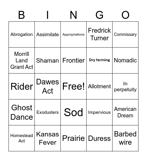 Westward Expansion Bingo Card