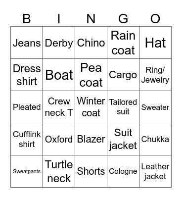Fashion Bingo Card