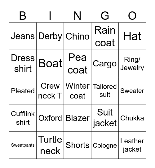 Fashion Bingo Card