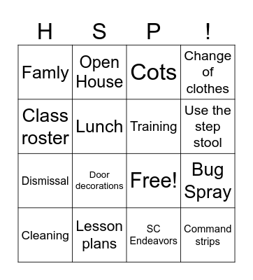 HSP Staff Meeting Bingo Card