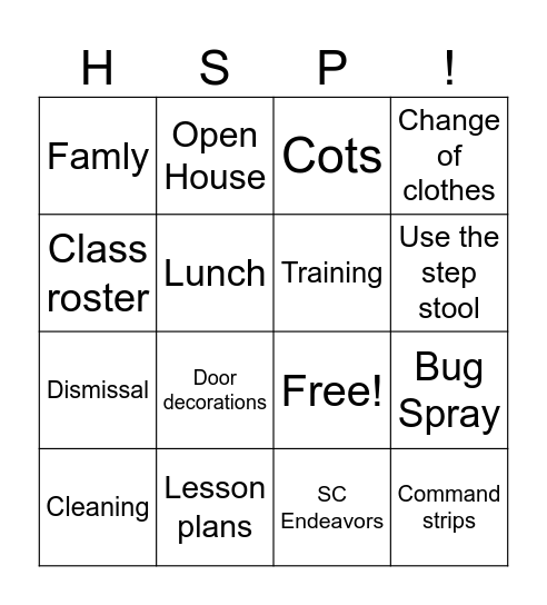 HSP Staff Meeting Bingo Card