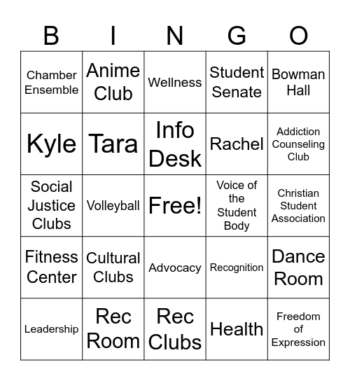 Student Life Bingo Card