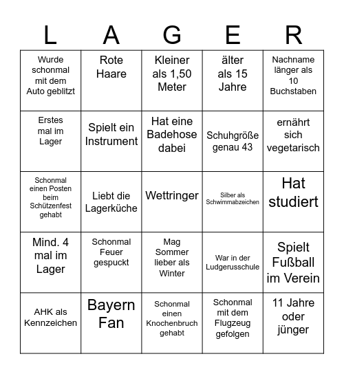 Lager-Kennlern-Bingo Card