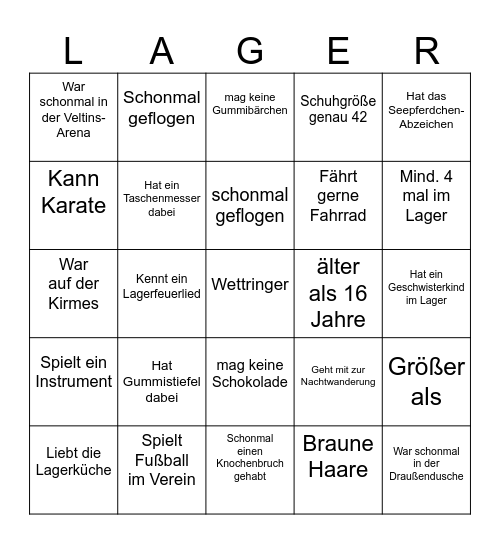 Lager-Kennlern-Bingo Card