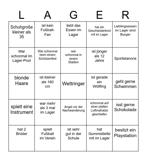 Lager-Kennlern-Bingo Card