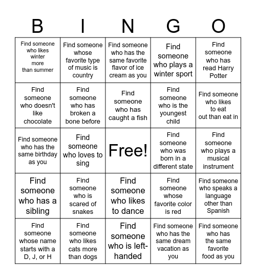Get to Know Each Other Bingo Card