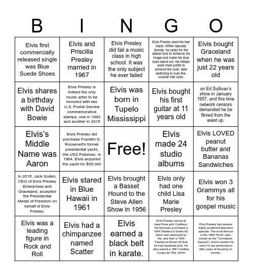 Elvis Bingo Card