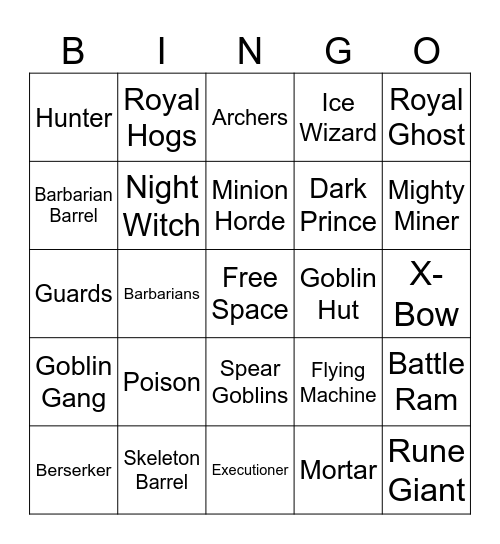 Clash Royale cards Bingo Card