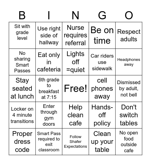 Routines and Procedures Bingo Card