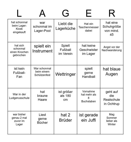 Lager-Kennlern-Bingo Card