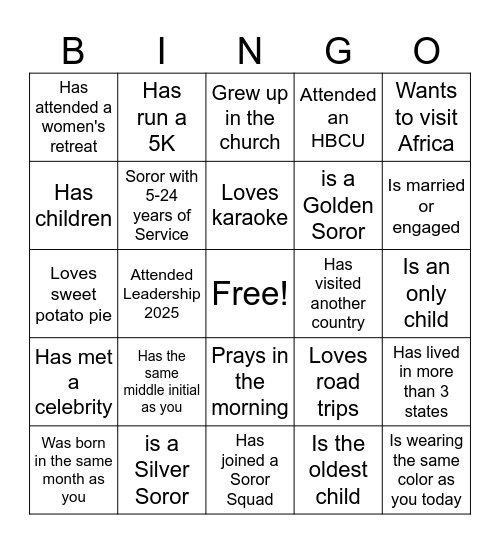 Sisterly Bingo Card