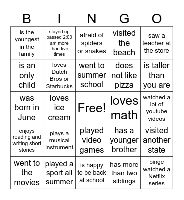 Back to School Bingo Card