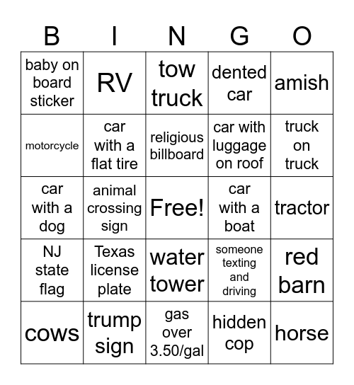 Jersey Road Trip Bingo Card
