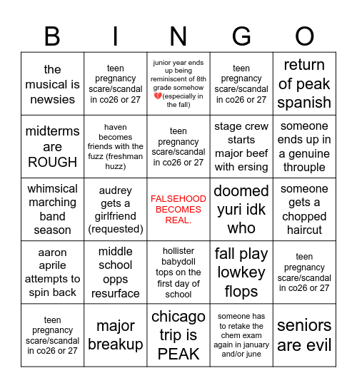Junior Year Bingo Card