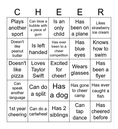 Cheerleading BINGO Card