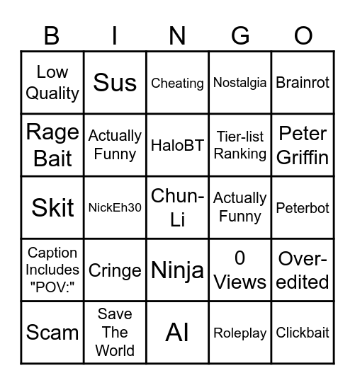 Fortnite Shorts Bingo Card