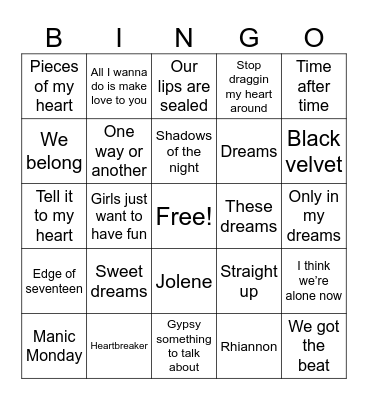 70s & 80s Ladies Bingo Card